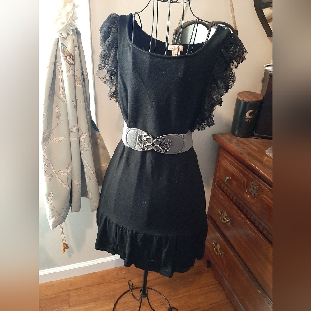 Black sweater dress with lace sleeves